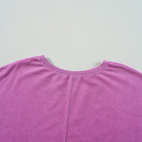 Bright Pink Solid Color Notched Neck Drop Shoulder Sweatshirt - Picture 8 of 11